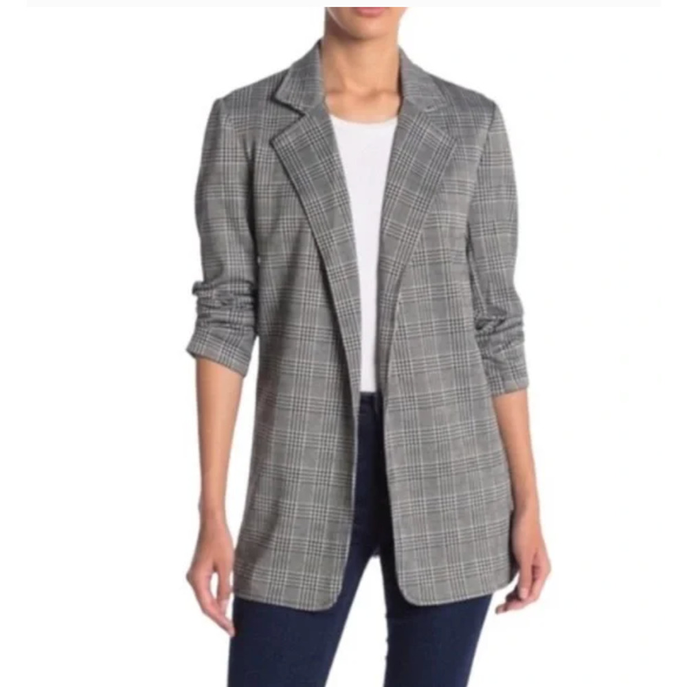 Rachel Zoe Glen Check Plaid Longline Blazer Ruched Sleeve Size S